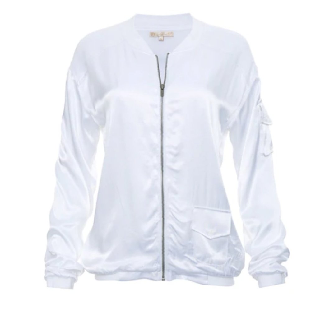Gold Hawk Bomber Jacket in White. Pockets, Lined, Excellent Condition.  SMALL